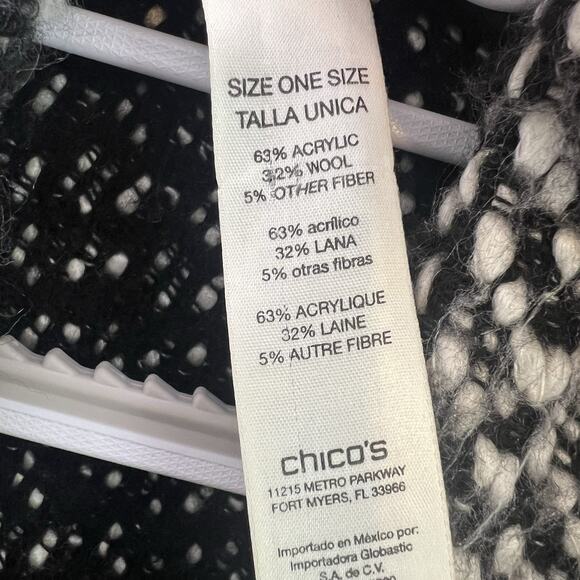 Chico's Jayne Fringe Wool Blend Ruana One Size OS Black White Wrap Pocket Boho - Picture 11 of 16